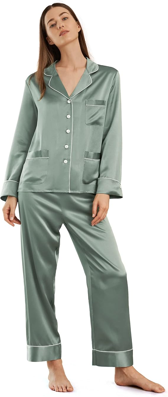 LilySilk Women's Long Silk Pajamas Set V Neck Notched Collar with White Trimmed