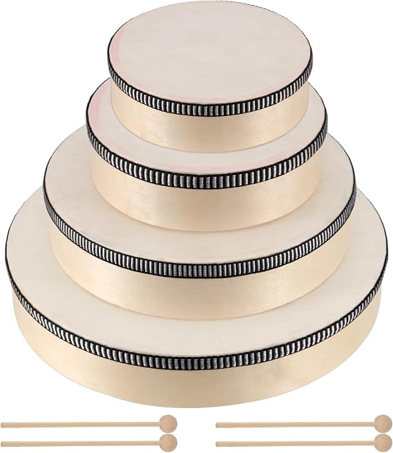 4 Pack Hand Drum, 4 Sizes Drums with 4 Drum Sticks for Rhythm Learning, Music Performances, Parties, and Percussion Enthusiasts, 6 Inch 7 Inch 8 Inch 10 Inch