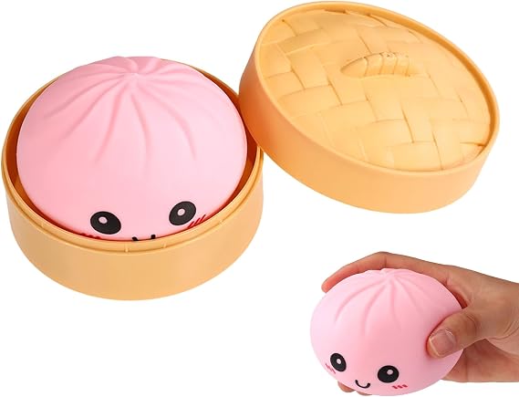 Giant Dumpling Squishy with Steamer Box, Soft Giant Dumpling Fidget with Cute Expression for Adults Birthday Holiday Present (Pink)
