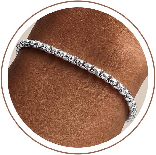 HIMSTORY Silver Bracelet for Men 4mm Round Sterling Silver Over Box Chain