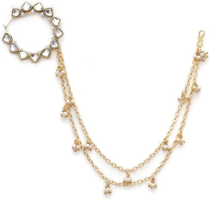 Traditional Indian Kundan Nath with Hair Chain Jewelry for Women |Nose to Ear Chain Bridal Wedding Nath Jewelry with White Pearls