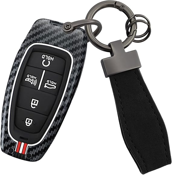 Key Fob Cover Fit for Hyundai Tucson 2024 Solaris Sonata Hybrid NEXO NX4 Santafe Dn8 2020 Accessories Metal&Silicone Key Case Protector with Keychain-5 Button(Red&White Lines)