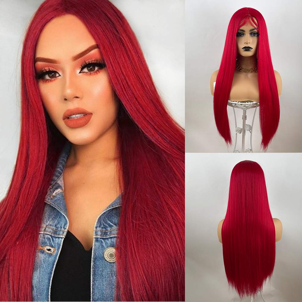 SBY Red None Lace Front Wigs for Women Heat Resistant Synthetic Hair Wigs Long Straight Wig Natural Looking 150% Density Pre Plucked Cosplay Halloween Costume Makeup Darg Queen Use