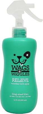 Wags & Wiggles Relieve Dog Anti-Itch Spray, Kiwi Scent - Waterless Dry Shampoo for Dogs With Dry, Itchy, Or Sensitive Skin - Fruity Scent Your Dog Will Love, 12 Fl Oz
