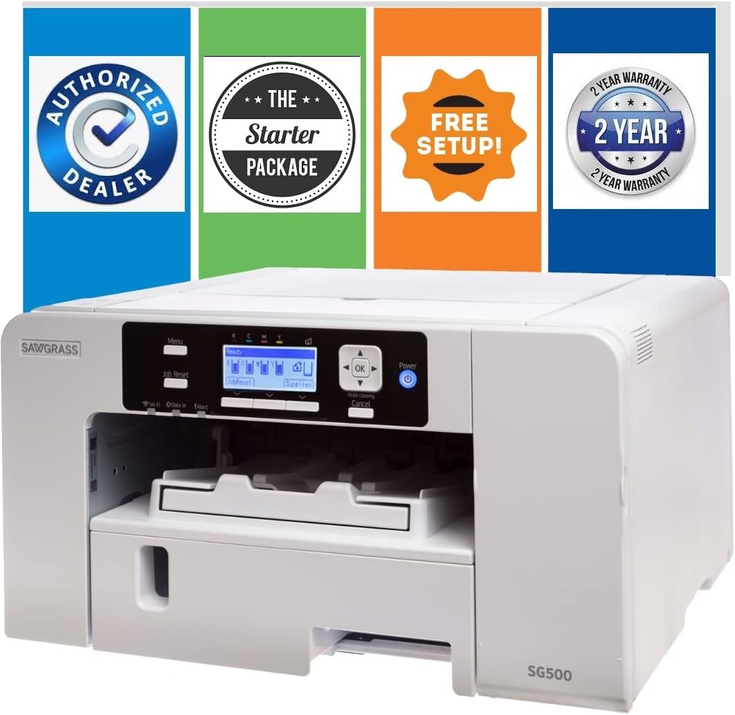 Sawgrass SG500 Sublimation Printer Starter Package - Bundle 220 Sheets SUBLIMAX Paper, Sublimation Inks, 10 Pieces Sublimation Blanks, Creative Studio Software, White