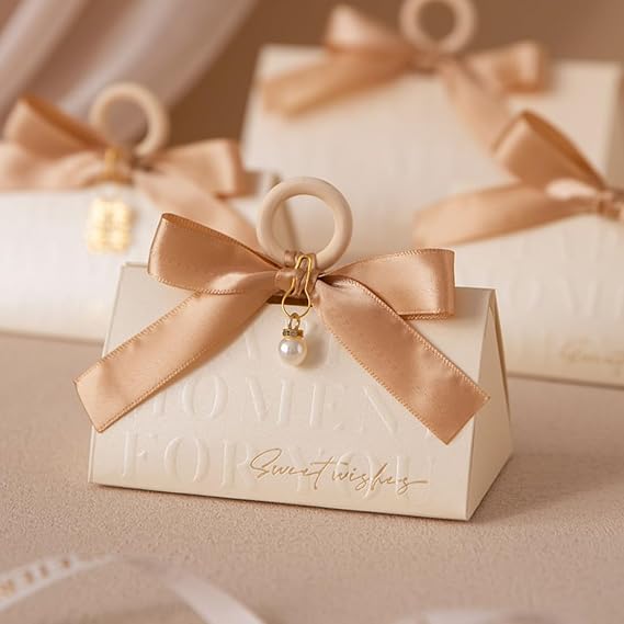 ZJSXINDI Boxes Gift Wrap Boxes Pale Beige Gift Box 5"x 3" For Party Favor, Weddings, Bridal Showers, Bridesmaids... Gift Wrap Boxes Bulk for Crafting (50 Pcs champagne ribbons)