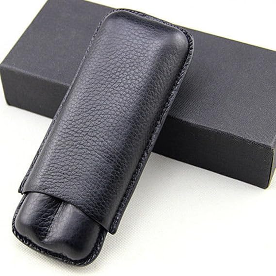 Cigar Case Holder - Black Leather 2 ct Adjustable Cigar Case Travel Holder