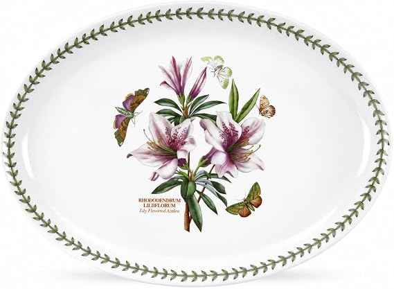 Portmeirion Botanic Garden 15" Oval Serving Platter, Lily Flowered Azalea Motif - Durable Porcelain Baking Dish with Chip-Resistant Glaze, Dishwasher & Microwave Safe - Stylish Bakeware & Serveware