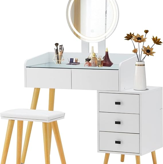 Dressing Table with LED Lights Top with Extendable Side