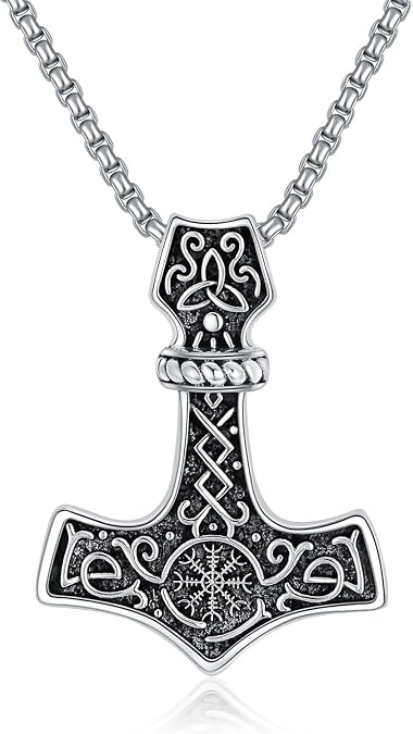 KXJ Viking Necklace for Men Women S925 Sterling Silver Viking Thor Hammer/Tree of Life/Arrow/Compass/Odin KNot/Wolf/Runes with 22+2 Inches Stainless Steel Rolo Chain Viking Pendant for Men Women Amulet Jewelry for Birthday Anniversary Christmas Gifts
