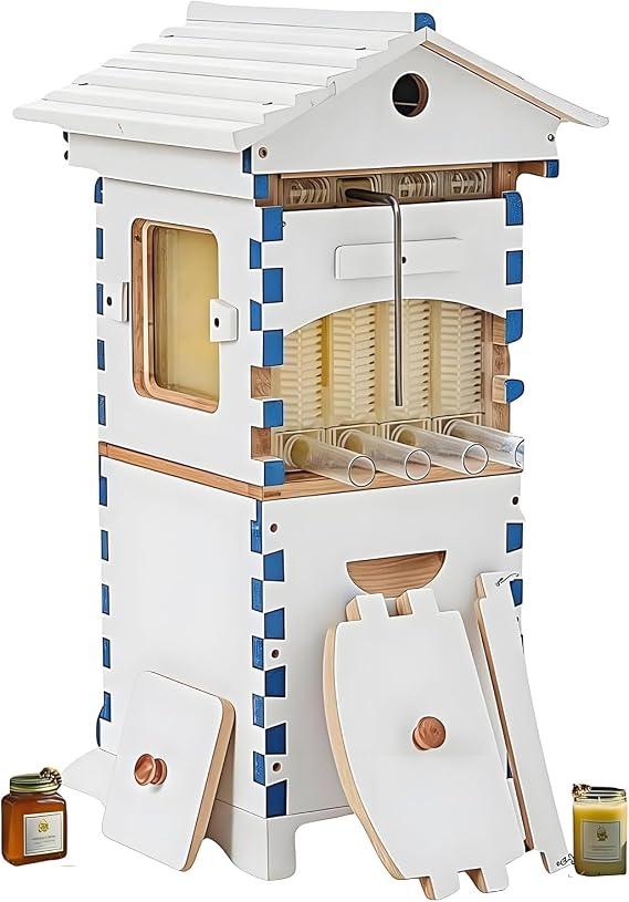 Beehive Starter Kit, Self-Flow Hive Complete Bee Box with Observation Window & Honey Spout, Easy Assembly for Garden Pollinators & Beekeepers