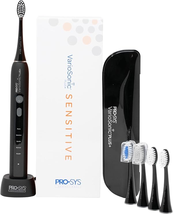 PRO-SYS VarioSonic Plus+ Sensitive Kit Professional Electric Toothbrush for Sensitive Teeth, Rechargeable with Pressure Sensor and Timer, Customizable Intensity Powered Toothbrush with Travel Case
