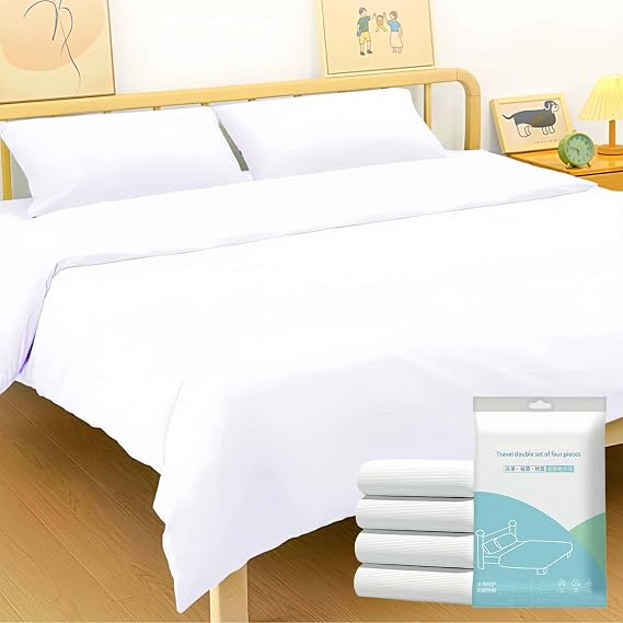Travel in Comfort and Cleanliness with Disposable Bed Sheets,Queen Size Fitted Sheet Set with Quilt Cover and Pillowcases,Portable and Breathable Bedding Set for Hotel, Camping, and Traveling