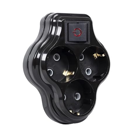 3lü Anahtarlı Golyat, Üçlü Topraklı Priz Duvar Tipi Çoklayıcı Fiş, 16A 250 Volt, Max 3600 Watt (Siyah)