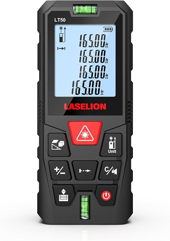 LT50 Laser Measure, 165ft/50m Laser Measurement Tool, with 2 Bubble Levels, Measuring Tool 4 Units ConversionLCD Backlit Display, IP54 Waterproof, Pythagorean Mode for Distance, Area, Volume