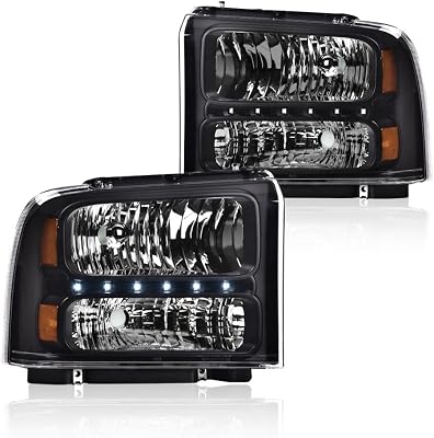 CHEDA LED DRL Headlights Assembly, Compatible with 2005 2006 2007 Ford F250 F350 F450 F550 Super Duty bumper Headlamp（Clear lens Black Housing Amber Reflector） Faros Conjunto De Faros