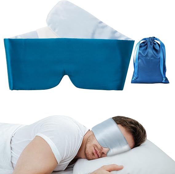 Silk Sleep Eye Mask - Women Men 100% Mulberry Blackout Blindfold Adjustable Sleeping Masks (Blue)