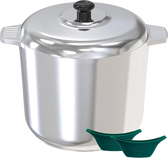 MAGNAWARE 14 Quart Cast Aluminum Stock Pot with Lid - Durable & Lightweight Soup Pot with Even Heat Distribution & Retention - Professional Cookware Stockpot with Silicone Handle Covers