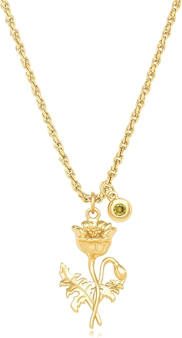 MYEARS Women Birth Flower Necklace Gold Birthstone 12 Month Bouquet Pendant Floral 18K Gold Vacuum Filled 2MM Twist Rope Chain Personalized Jewelry Birthday