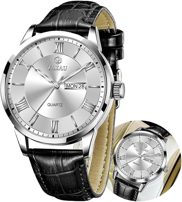 Taxau Men's Watch Big Face Easy Read Arabic Numeral Dress Watches for Men Classic Black Brown Leather Band Analog Mens Wrist Watch with Day and Date Fashion Business Waterproof Luminous Quartz Watch
