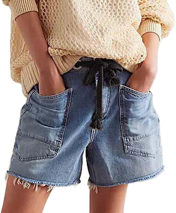 Mxiqqpltky Drawstring Jean Shorts Womens Casual High Waisted Straight Leg Baggy Denim Shorts Summer Loose Fit Short Jeans Y2K