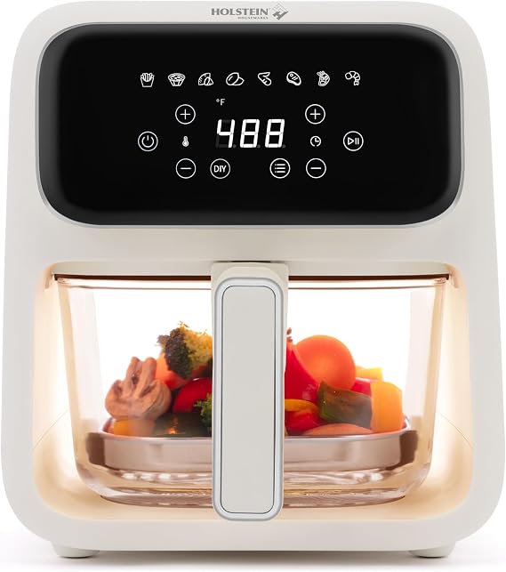 Holstein Housewares 4.2 QT Digital Air Fryer with Glass Basket, With Hot Air Technology, Up to 400 & Non -Stick Frying Pan for Less Oil Use. Air Fry, Bake, Grill, Dehydrate & Roast Healthy Meals