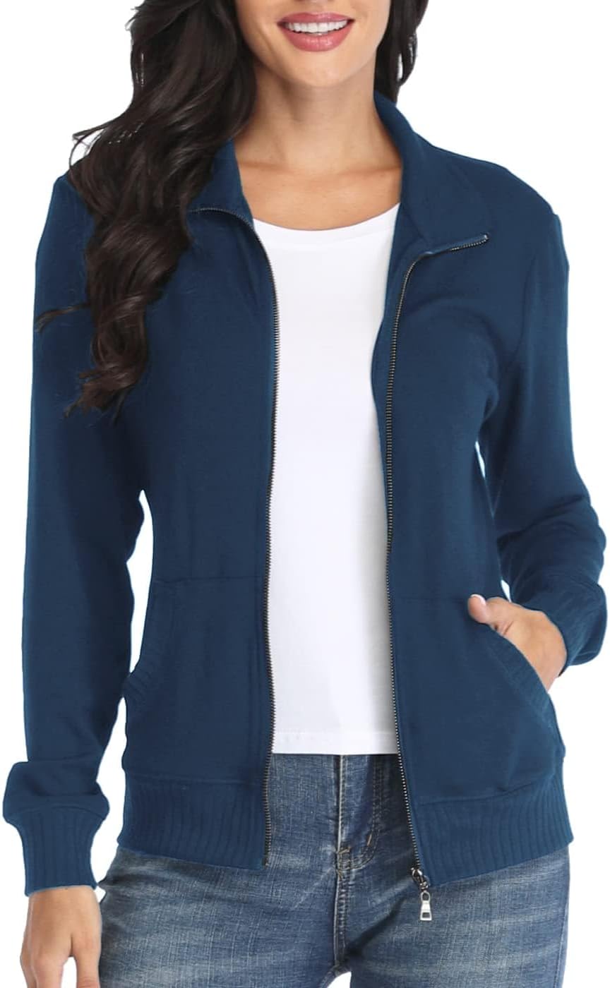 Womens Zip up Sweatshirt Jacket Stand Collar Hoodless Running Sweatshirt with Pockets