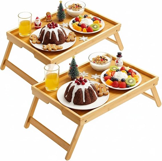 Pipishell 2 Pack Bamboo Bed Tray Table with Foldable Legs, Breakfast in Bed Tray for Eating, TV Tray for Bed and Sofa, Serving Tray for Food, Laptop Desk for Working, Reading,Drawing, Natural