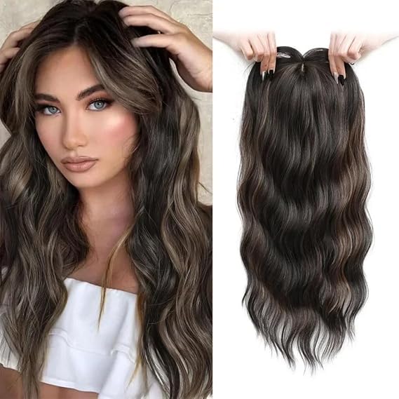 22inch Wavy Hair Toppers for Women,8 * 2 Inch Handmade Lace Hair Line,Top Hairpiece for Women Synthetic Wig Clip In Crown (H6 30)