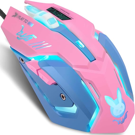 IULONEE Gaming Mouse, Wired USB Computer Mouse Silent Comfortable 7 Colors Backlit Optical Game Mice Ergonomic Full Size with 3200 DPI and 6 Buttons for PC Laptop Desktop (Pink & Blue)