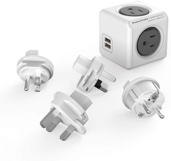 Global Travel Outlet Extender Allocacoc PowerCube Rewirable USB, 4 AC sockets 2 USBs, 4 Interchangeable Plugs (US/UK/EU/AU) Works in 100+ Countries Convertible for Home or Travel Grey