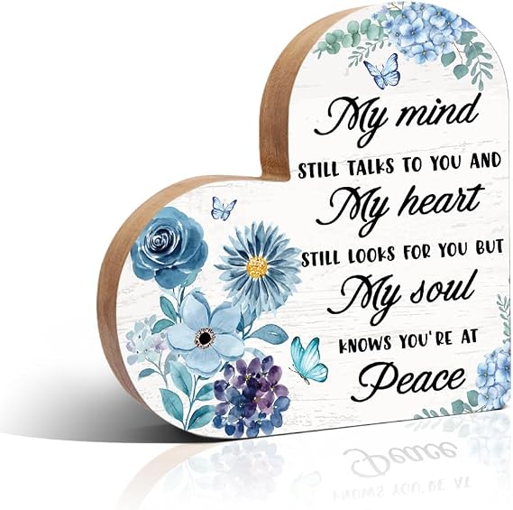 Haizct My Mind Still Talks to You Blue Butterfly Wooden Heart Plaque Sign, Sympathy Gifts for Loss of Loved, Memorial Gifts for Loss of Mom, Bereavement Sympathy Gifts for Mom Dad Sister BFF