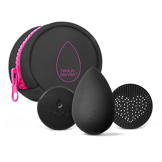 Beautyblender | Besties Charcoal Blend & Cleanse 4-Piece Starter Set, Pro Black Makeup Sponge + Solid Charcoal Cleanser .558 oz + Silicone Scrub Mat + Travel Case, Made in USA, Vegan, Cruelty Free