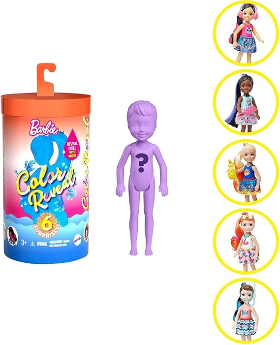 Barbie Color Reveal Chelsea Doll with 6 Surprises: Water Reveals Dolls Look & Creates Color Change on Hair; 4 Mystery Bags Contain a Surprise Detachable Ponytail, Skirt, Shoes & Accessory
