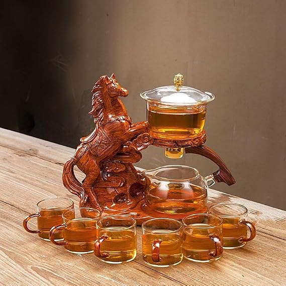 Glass Teapot Set Semi Automatic Rotating Cover Bowl with Infuser Lazy Kungfu Tea pot Set (Teapot set, Horse)