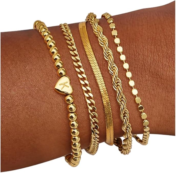 doubgood Gold Bracelet for Women 5 Layer Stack Initial Heart Charm Jewelry