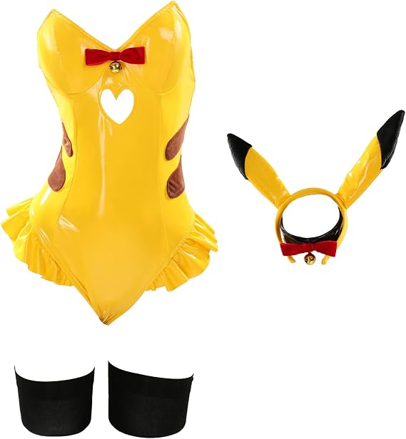 Mobbunny Women's Anime Bunny Cosplay Costume Bunny Girl Yellow Bodysuit and Headband with Tail Stockings
