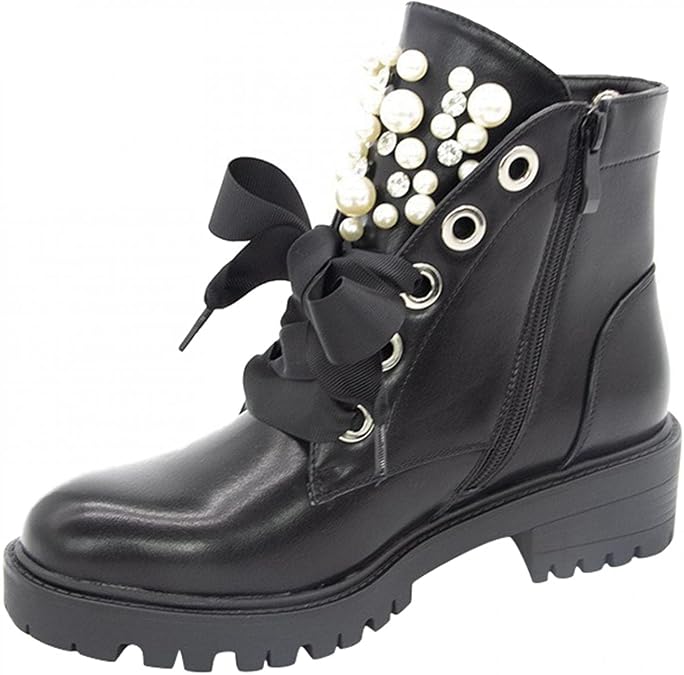 BORAMAX Sandals Cowboy Boots for Women Pearl Lace Up Platform Boots Slip On Ankle Booties Fashion Hiking Womens Boots