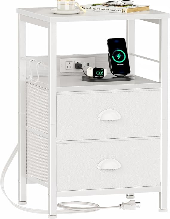 Furologee Night Stand with Charging Station, 2 Fabric Drawers, White