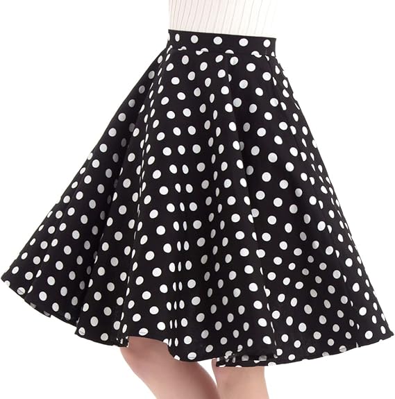 Women 50s Vintage Polka Dot A Line Pleated Midi Skirt Floral Cherry Cocktail Swing Skirt High Waist Knee Length Flared Skirt