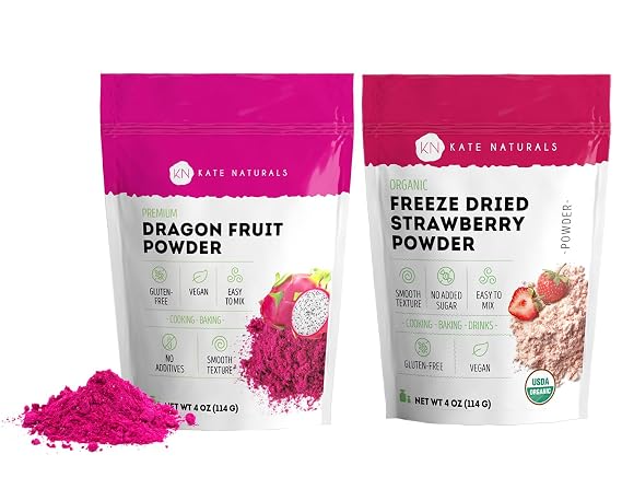 Kate Naturals Dragon Fruit Powder (4oz) & Strawberry Powder (4oz) Bundle