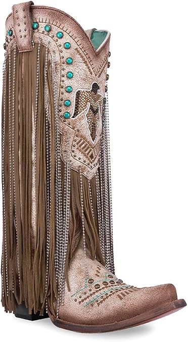 Corral Ladie's Beige Embroidery & Crystals Eagle & Lamb Fringes, Corral Large 52.0 X 32.0 X 11.5 Sole,cowhide/lamb Leather, Western Boot, C4088