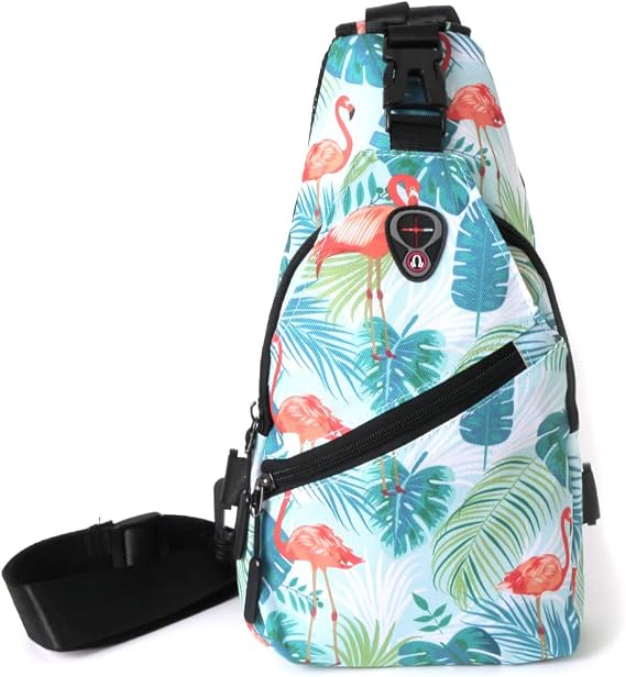 WESTEND Novelty Crossbody Sling Bag Backpack with Adjustable Strap for Men and Women. Flamingo with Tropical Leaves