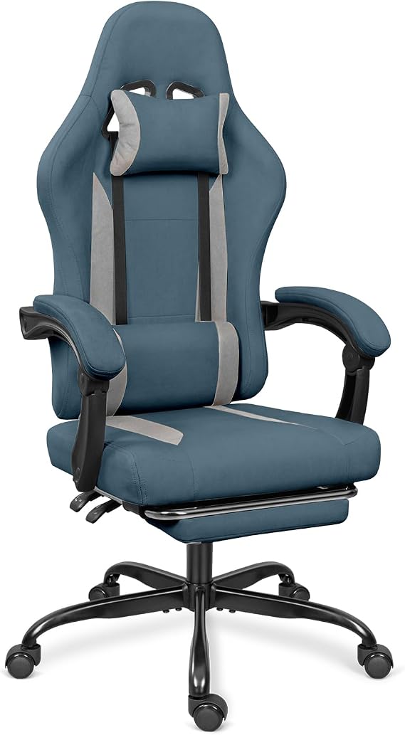 Breathable Fabric Gaming Chair with Footrest - Blue/Light Grey | 90-135 Recline, 18.5-22.4 Height Adjust, Breathable Fabric, Footrest for Rest, for Gaming/Office, 15 Min Assembly