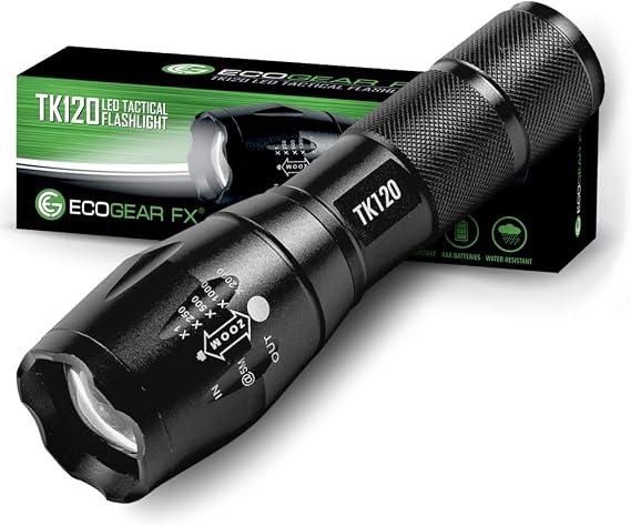 EcoGear FX TK120 Small LED Flashlight - 5 Light Modes, Adjustable Zoom (1 Pack)
