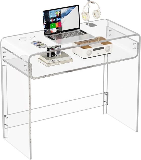 Acrylic Office Desk, Modern Laptop Writing Study Table with Open Storage, Transparent Console Entryway Table, 33.5" L x 15.8" W x 29.5" H, for Home, Bedroom (Clear)