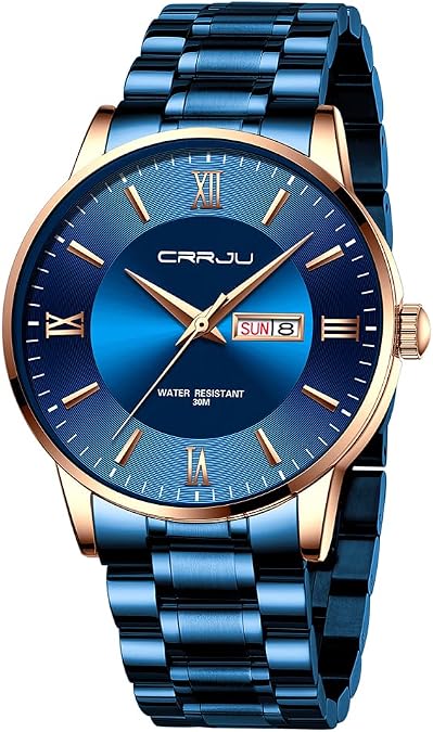 CRRJU Business Casual Calendar Black Solid Steel Band Watch for Men