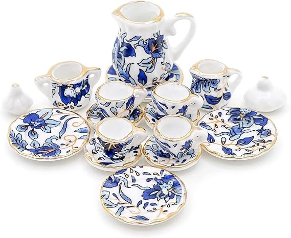 15 Pcs Blue 1:12 Miniature Porcelain Chintz Tea Cup Set Dollhouse Accessories