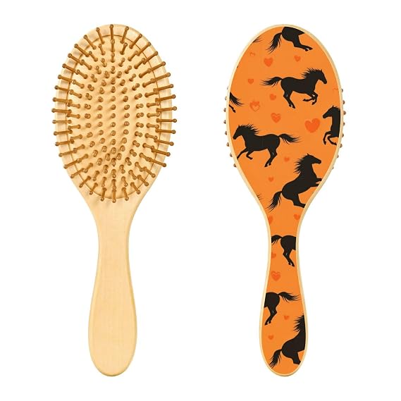 Hair Brush Detangling for Massaging Scalp Horse Silhouettes on Orange Tangle-Free Hair Brush for All Types Women Men Girls Boys Wooden Detangler