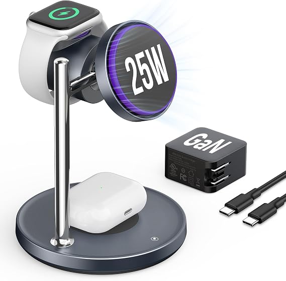 Qi2 25W Wireless Charger, 3 in 1 Charging Station with Cooling Fan, Magnetic Qi2.2 Wireless Charger Stand for iPhone 17/16/S26 Ultra/Pixel 10, Apple Watch, AirPods (45W GaN Adapter Included)